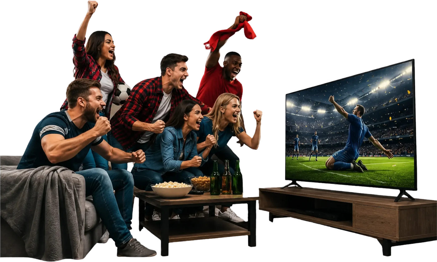 Friends celebrating a live football match streamed in 4K on a Smart TV with IPTV UK Plus